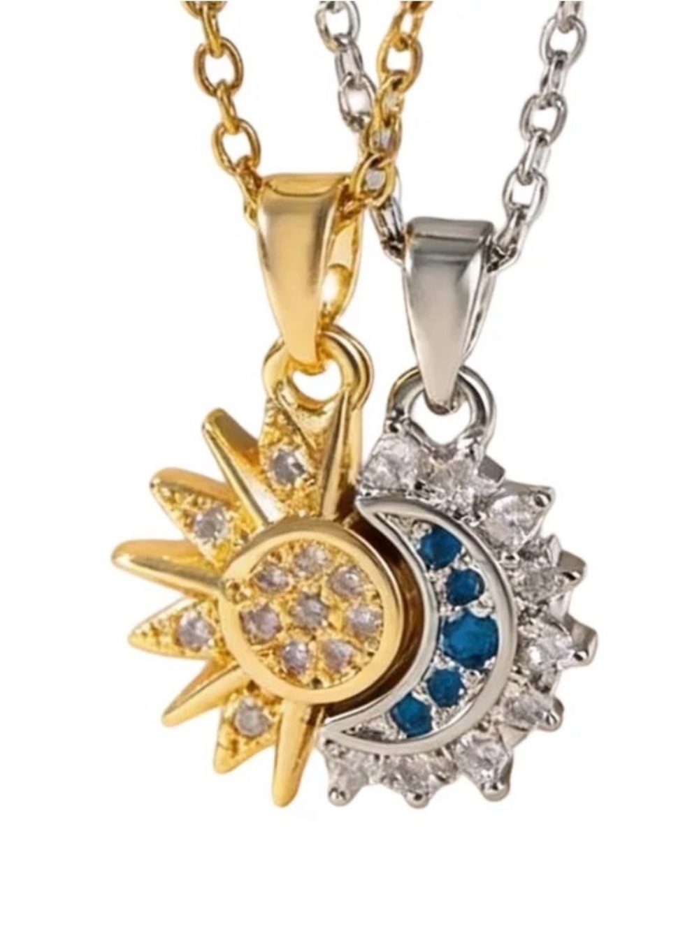Gold and Silver Sun & Moon Pendant Necklace with Blue Accents - Picture 9 of 9